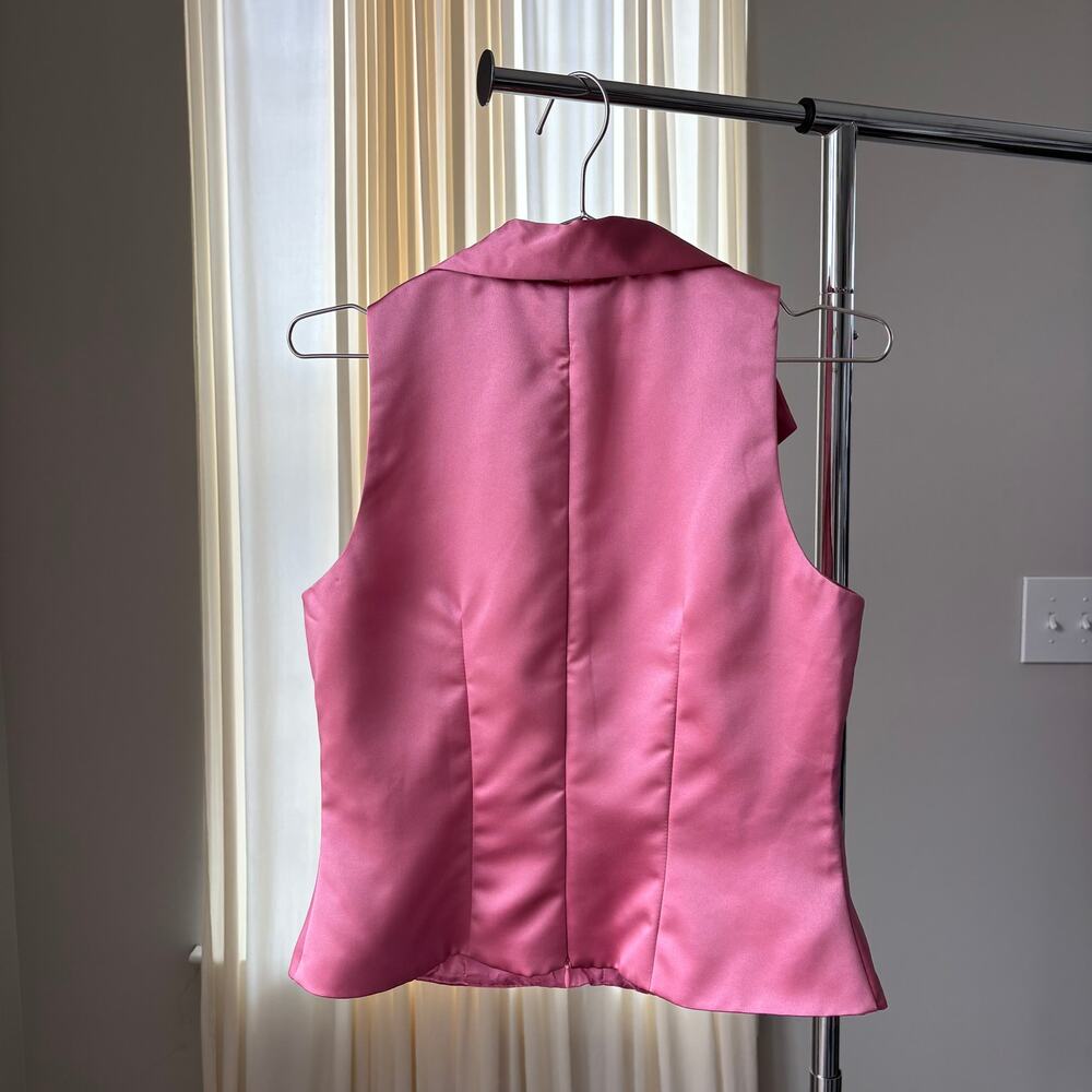 90s Vintage Dressbarn Top 10 Pink Satin Ruched Vest Button Office Siren Glam Y2K - Picture 2 of 15